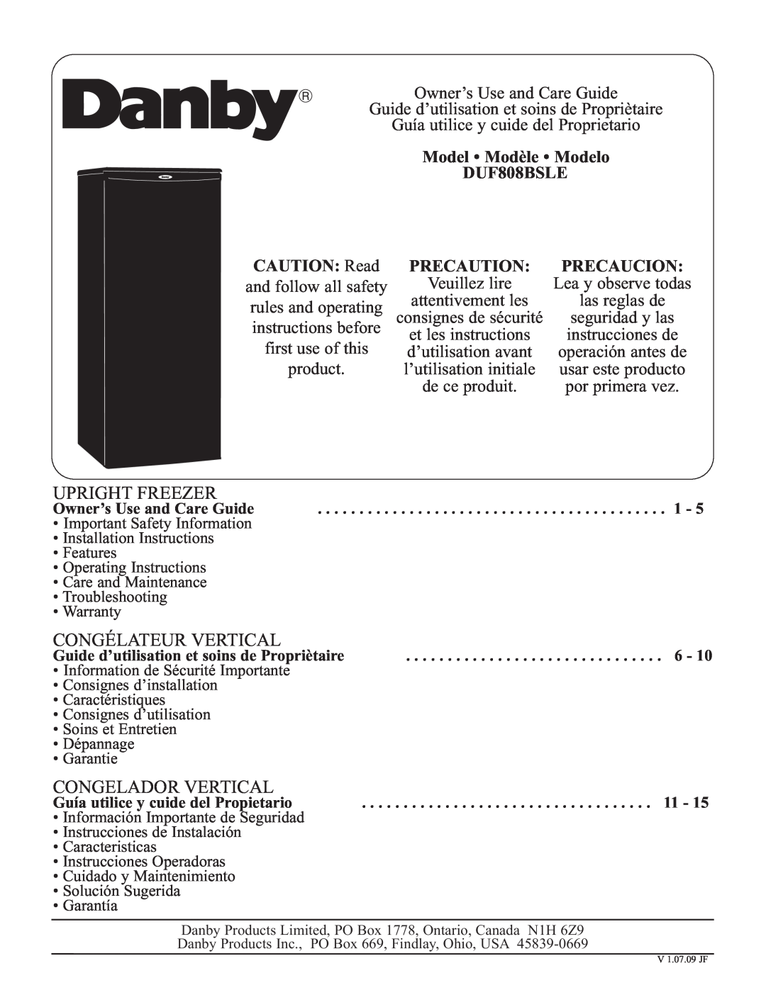 Danby installation instructions Model Modèle Modelo DUF808BSLE, CAUTION Read, Precaution, Precaucion, Upright Freezer 