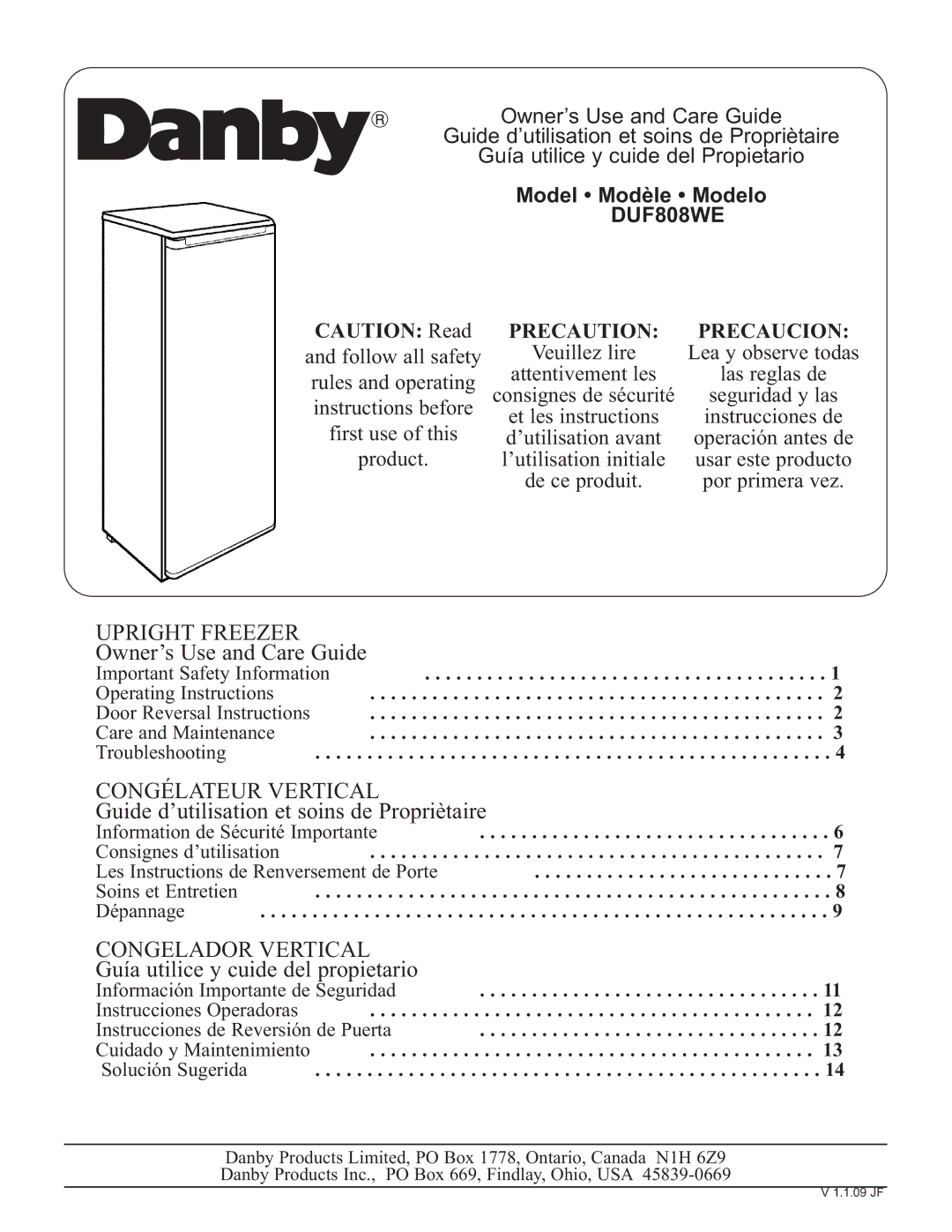 Danby DUF808WE operating instructions Upright Freezer 