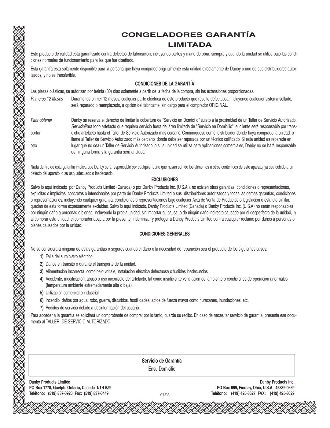 Danby DUF808WE operating instructions Congeladores Garantía Limitada 