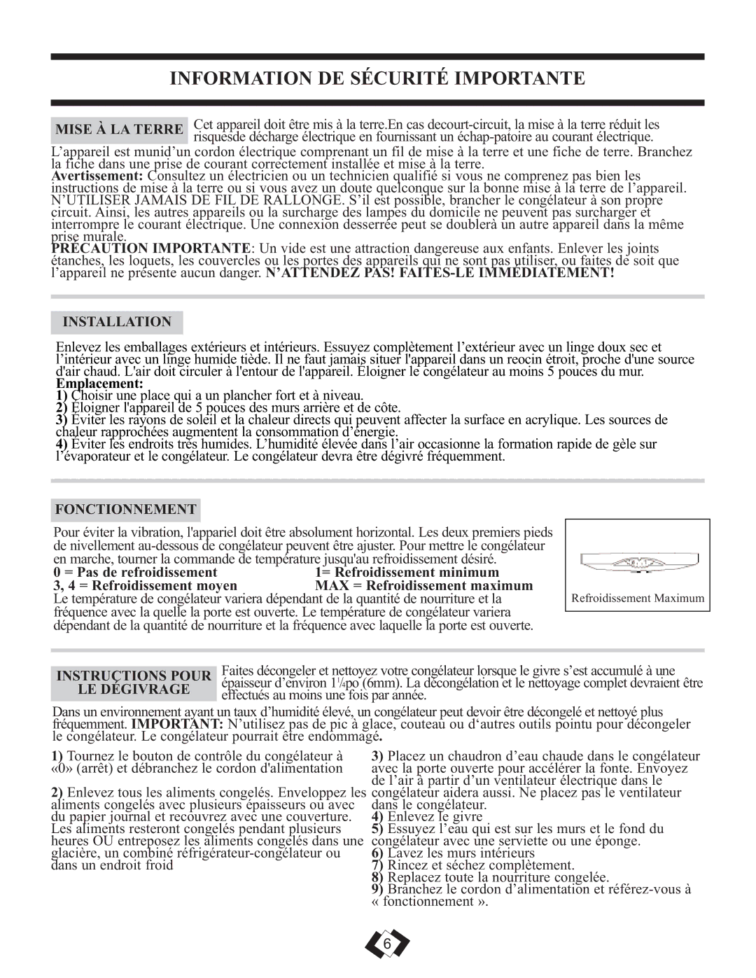 Danby DUF808WE Information DE Sécurité Importante, Mise À LA Terre, Fonctionnement, Instructions Pour, LE Dégivrage 