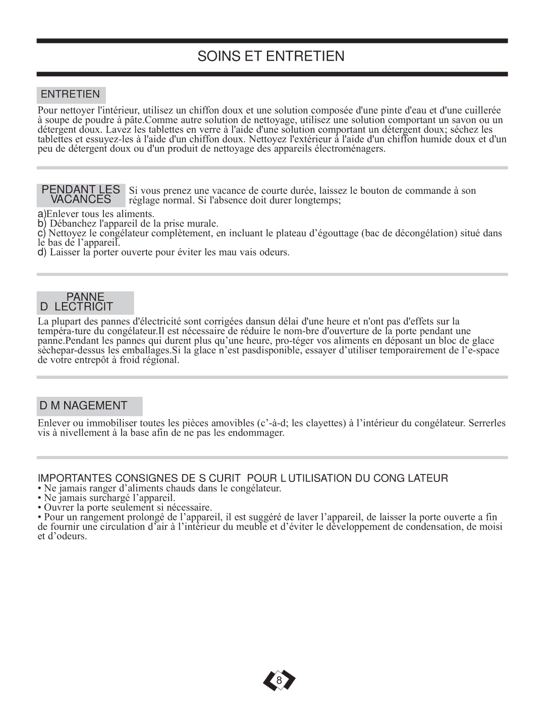 Danby DUF808WE operating instructions Soins ET Entretien, Panne ’ÉLECTRICITÉ, Déménagement 