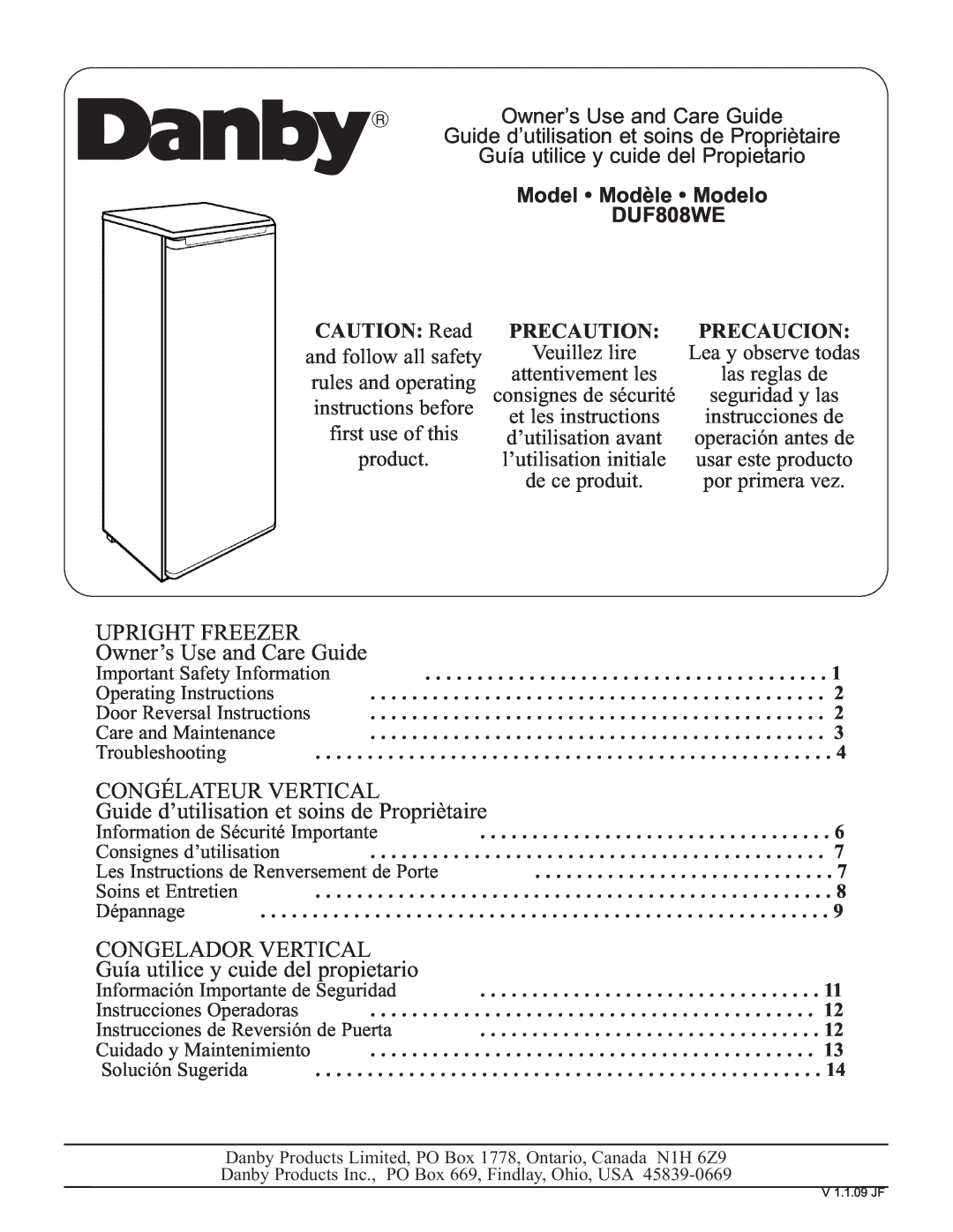 Danby DUF808WE operating instructions Upright Freezer, Owner’s Use and Care Guide, Congélateur Vertical, CAUTION Read 