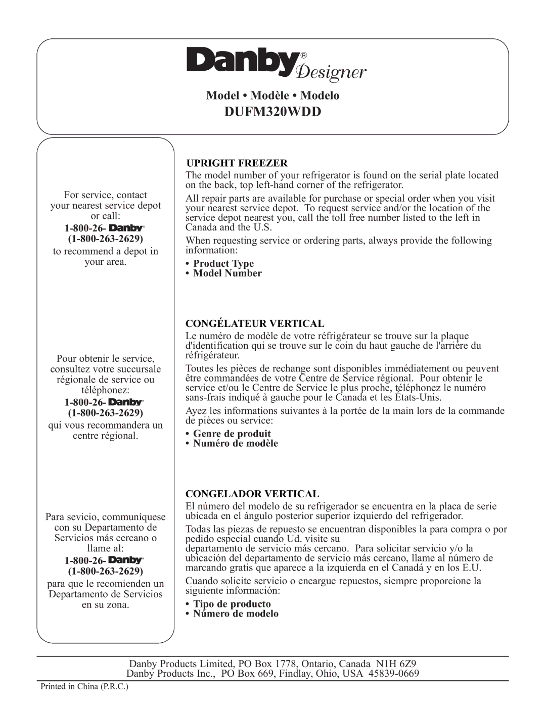 Danby DUFM320WDD 800-26, Product Type Model Number, Genre de produit Numéro de modèle, Tipo de producto Número de modelo 