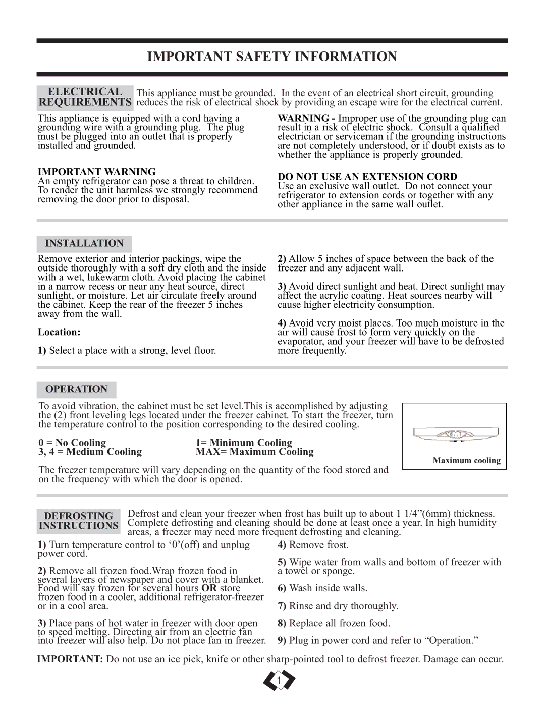 Danby DUFM320WDD manual Important Safety Information, Installation, Location, Operation, Defrosting 