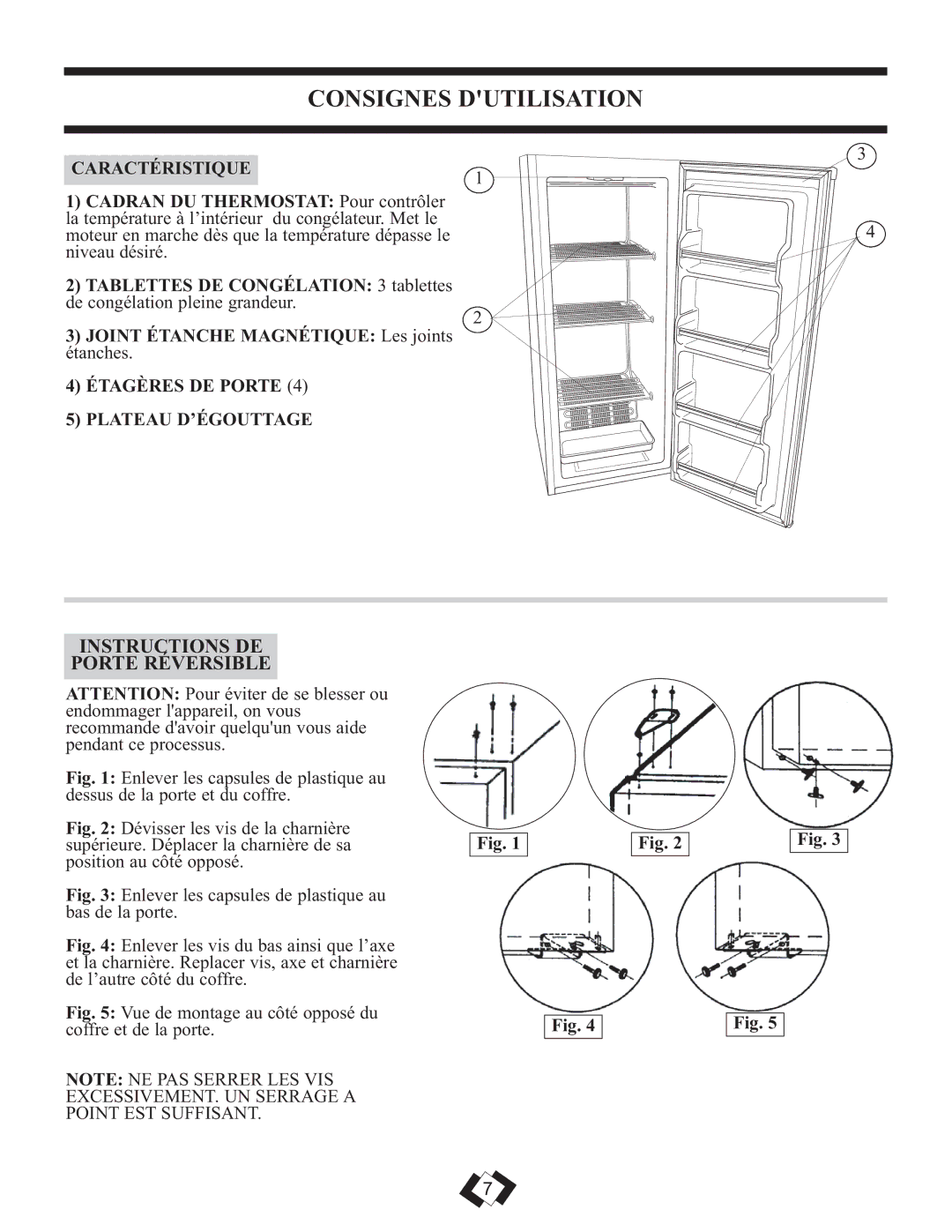 Danby DUFM320WDD manual Consignes Dutilisation, Instructions DE Porte Réversible, Caractéristique 