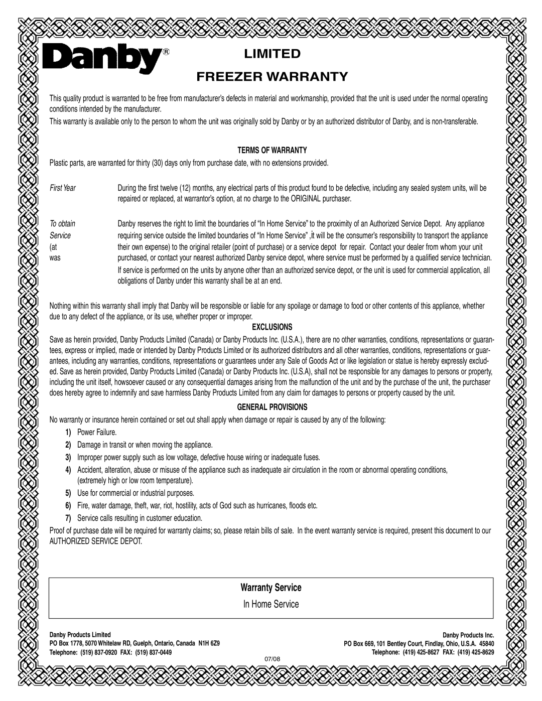 Danby DUFM505WDB, DUFM454WDB manual Limited Freezer Warranty 