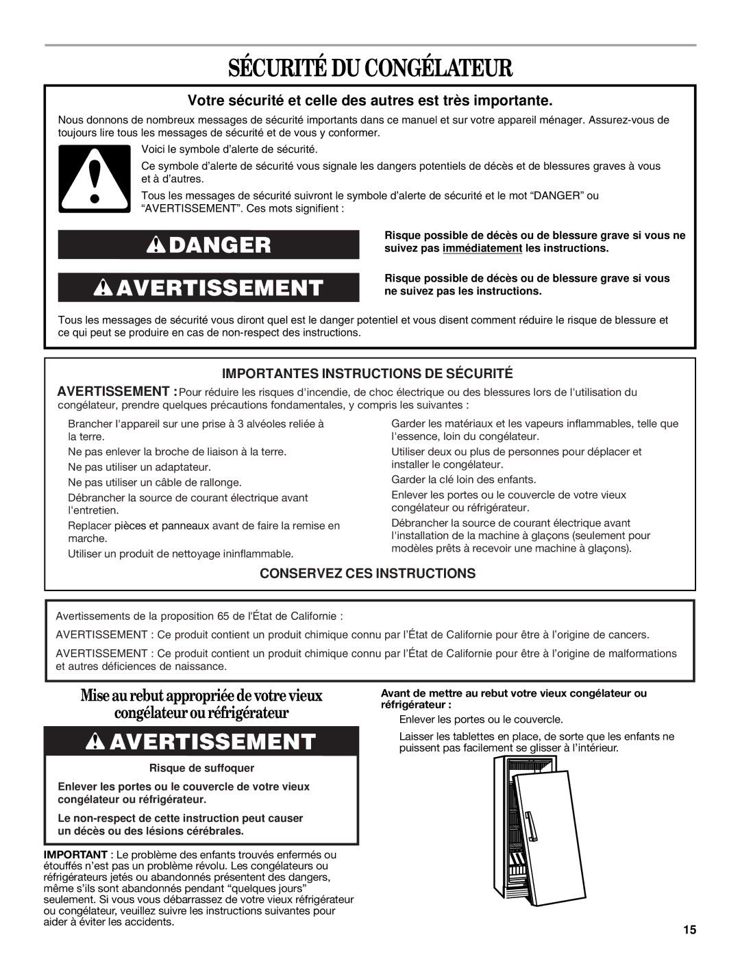 Danby DUFM454WDB, DUFM505WDB manual Sécurité DU Congélateur, Votre sécurité et celle des autres est très importante 