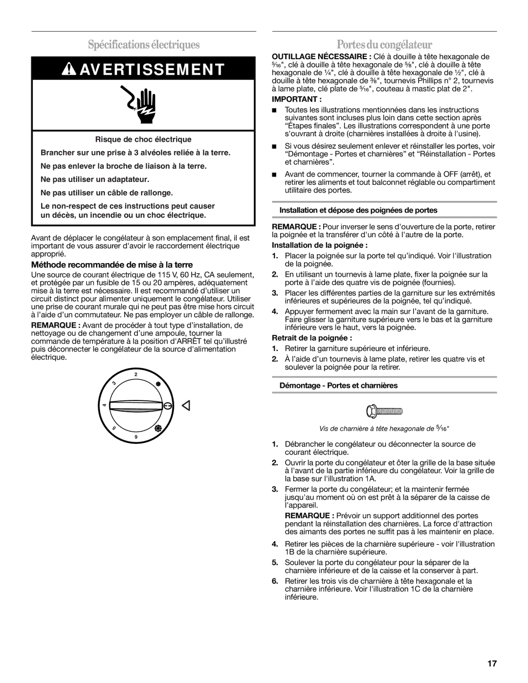 Danby DUFM454WDB, DUFM505WDB manual Spécificationsélectriques, Portesdu congélateur, Méthode recommandée de mise à la terre 