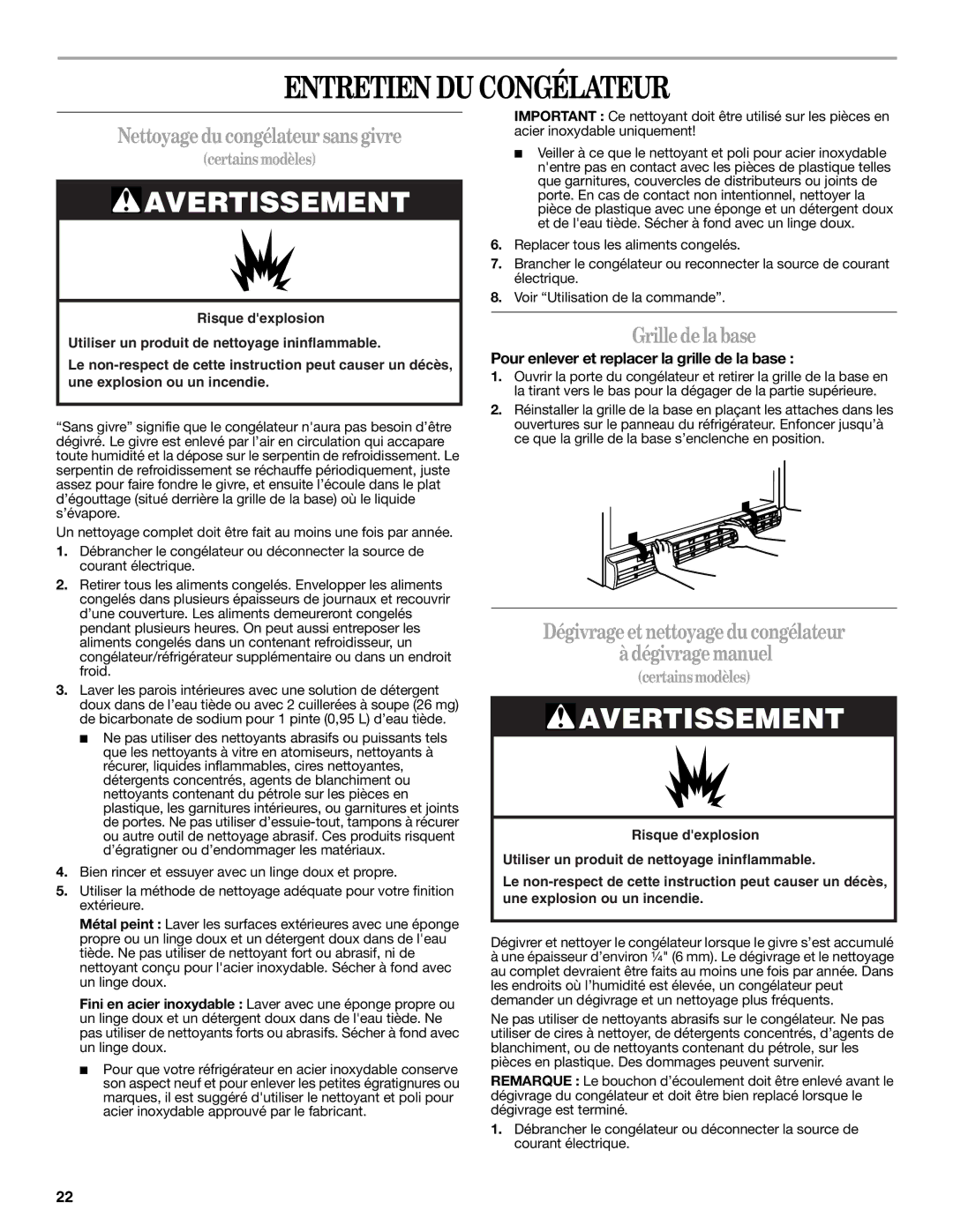 Danby DUFM505WDB, DUFM454WDB manual Entretien DU Congélateur, Nettoyage du congélateur sans givre, Grille de la base 