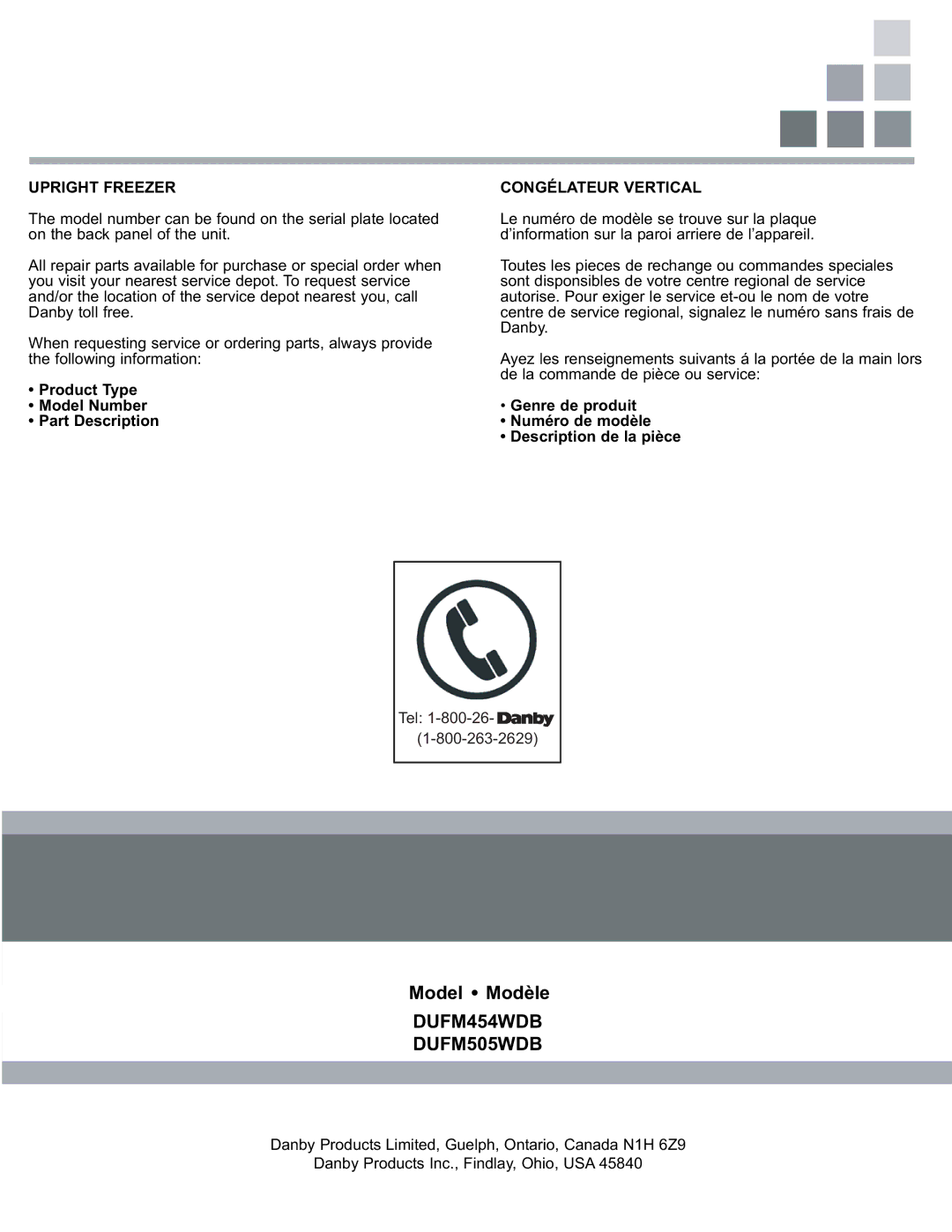 Danby DUFM505WDB Product Type Model Number Part Description, Genre de produit Numéro de modèle Description de la pièce 