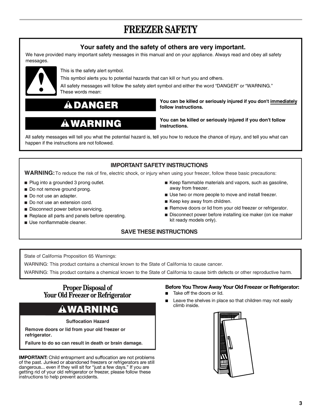 Danby DUFM454WDB, DUFM505WDB manual Freezer Safety, Before You Throw Away Your Old Freezer or Refrigerator 