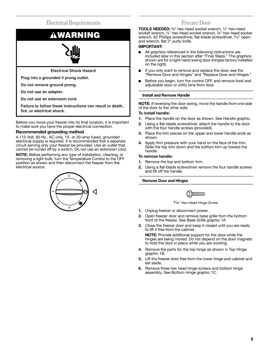 Danby DUFM454WDB, DUFM505WDB manual Electrical Requirements, Freezer Door, Recommended grounding method 