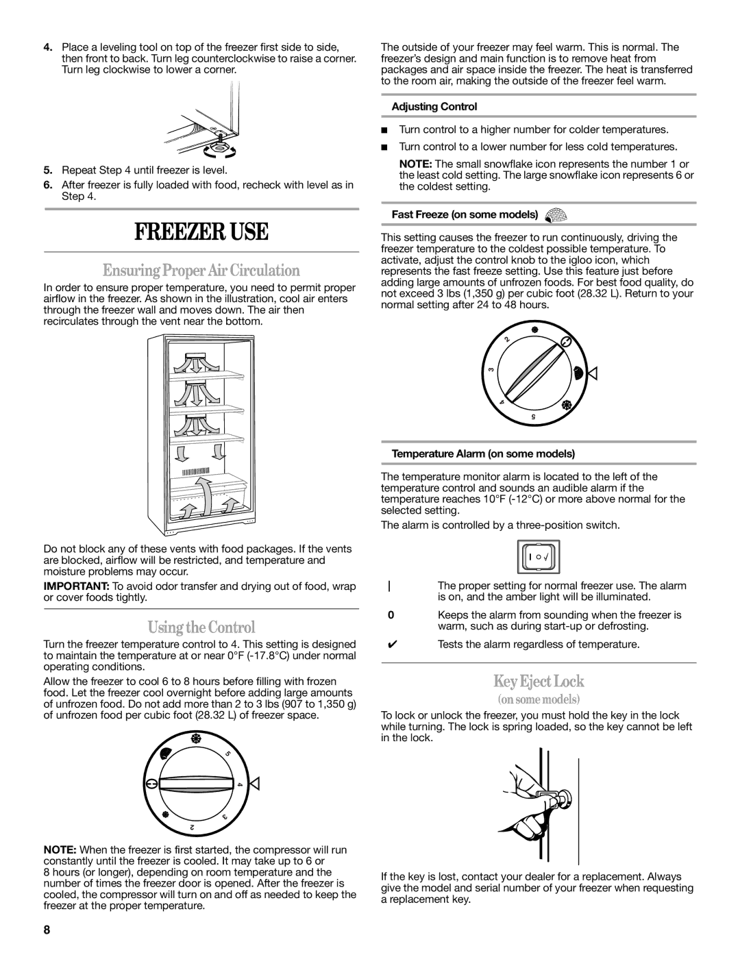 Danby DUFM505WDB, DUFM454WDB manual Freezer USE, Ensuring Proper Air Circulation, Using theControl, Key Eject Lock 