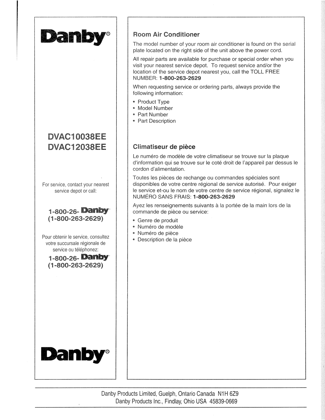 Danby DVAC12038EE, DVAC10038EE manual 