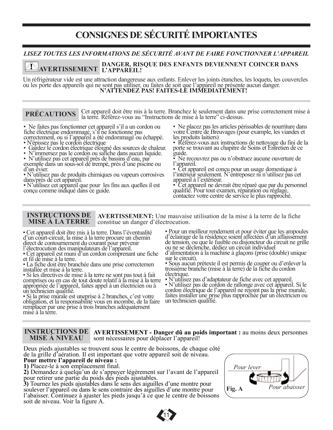 Danby DWBC14BLS operating instructions Consignesde Sécurité Importantes, Précautions, Instructions DE, Mise À LA Terre 