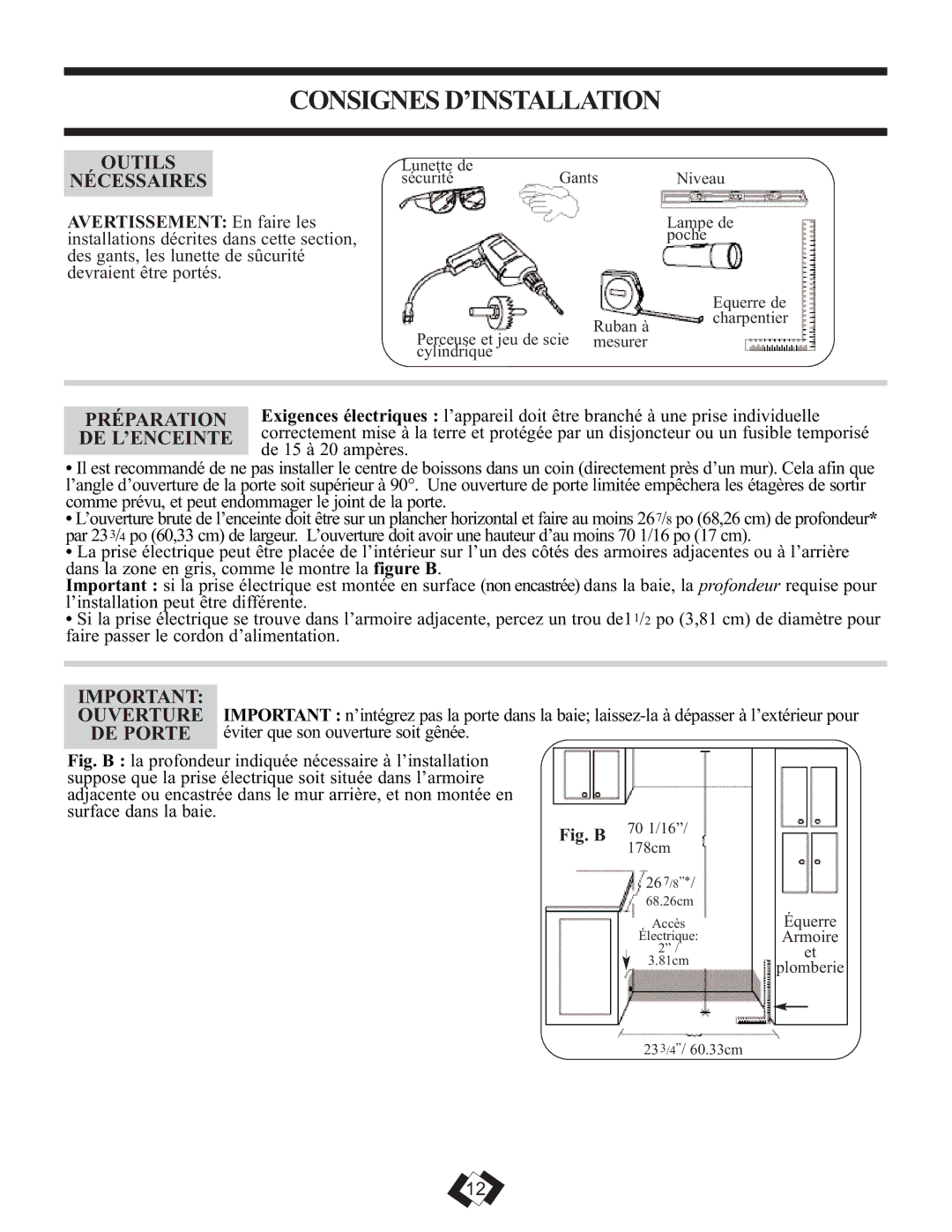 Danby DWBC14BLS operating instructions Consignes D’INSTALLATION 