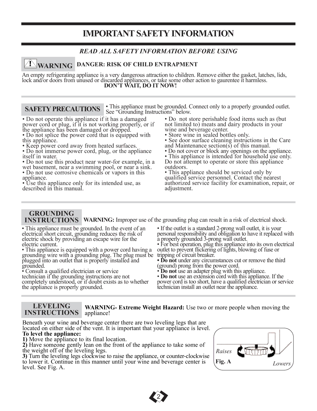 Danby DWBC14BLS operating instructions Important Safety Information, Safety Precautions, Grounding, Leveling Instructions 