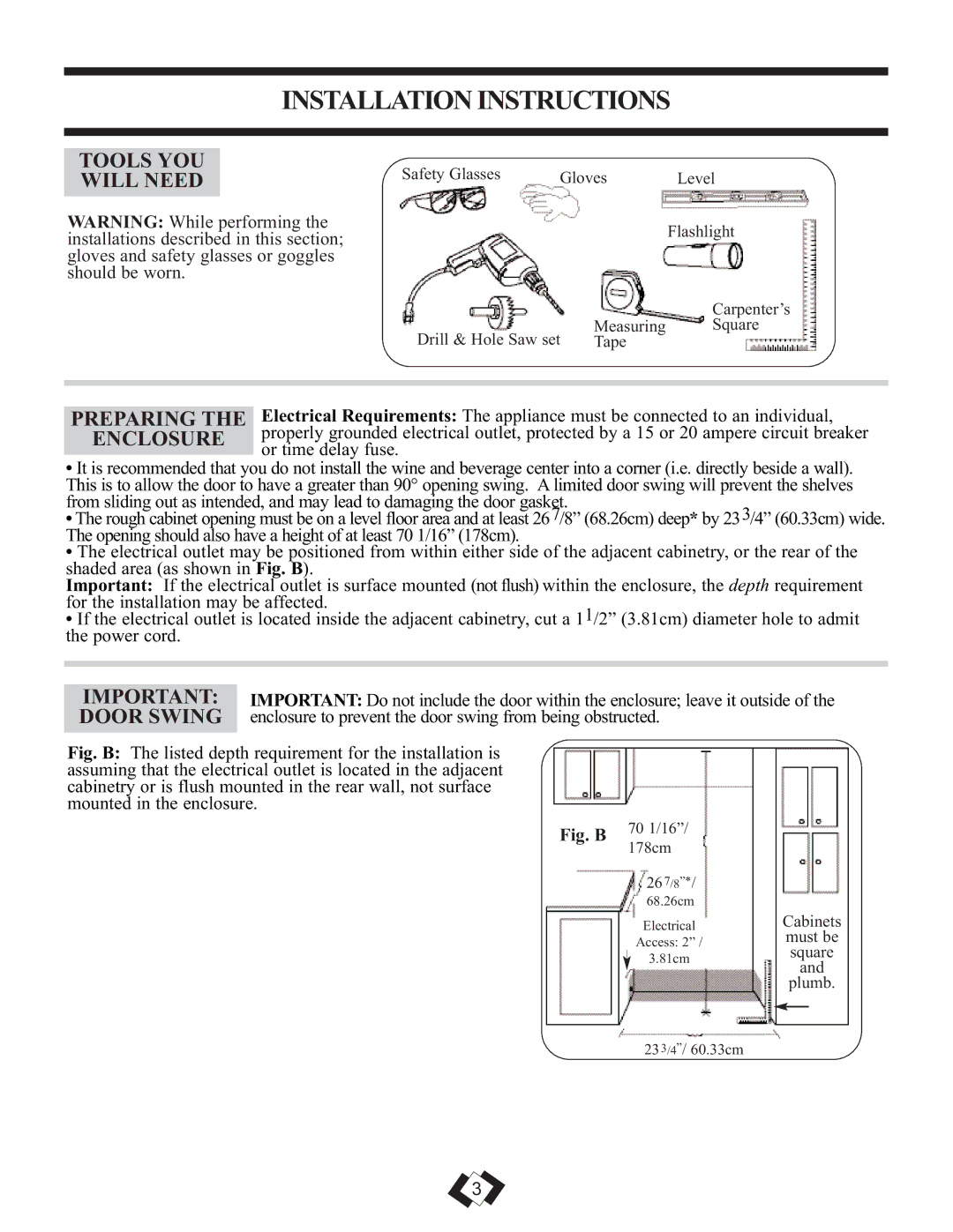 Danby DWBC14BLS operating instructions Installation Instructions, Tools YOU Will Need, Preparing, Enclosure, Door Swing 