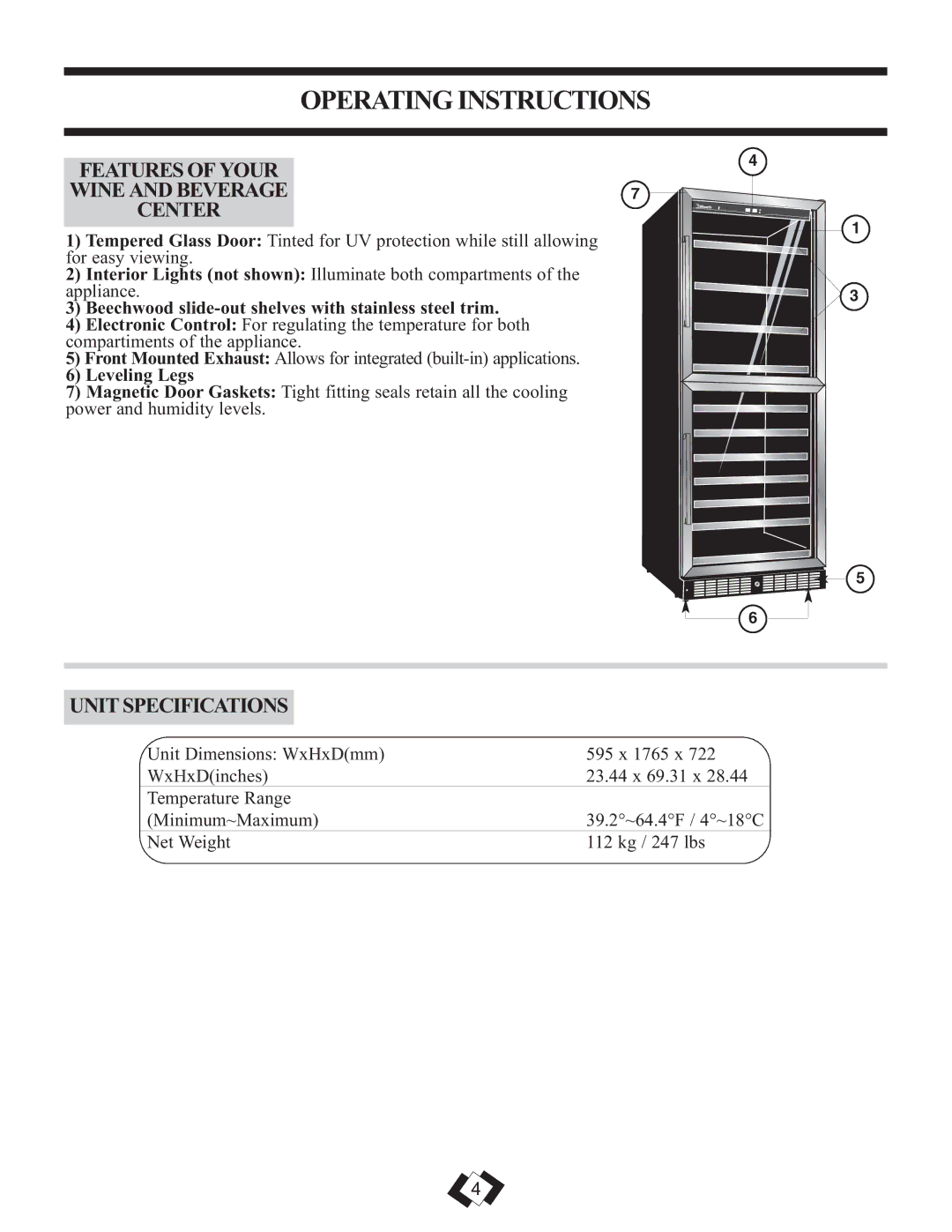 Danby DWBC14BLS operating instructions Unit Specifications, Features of Your Wine and Beverage Center, Leveling Legs 