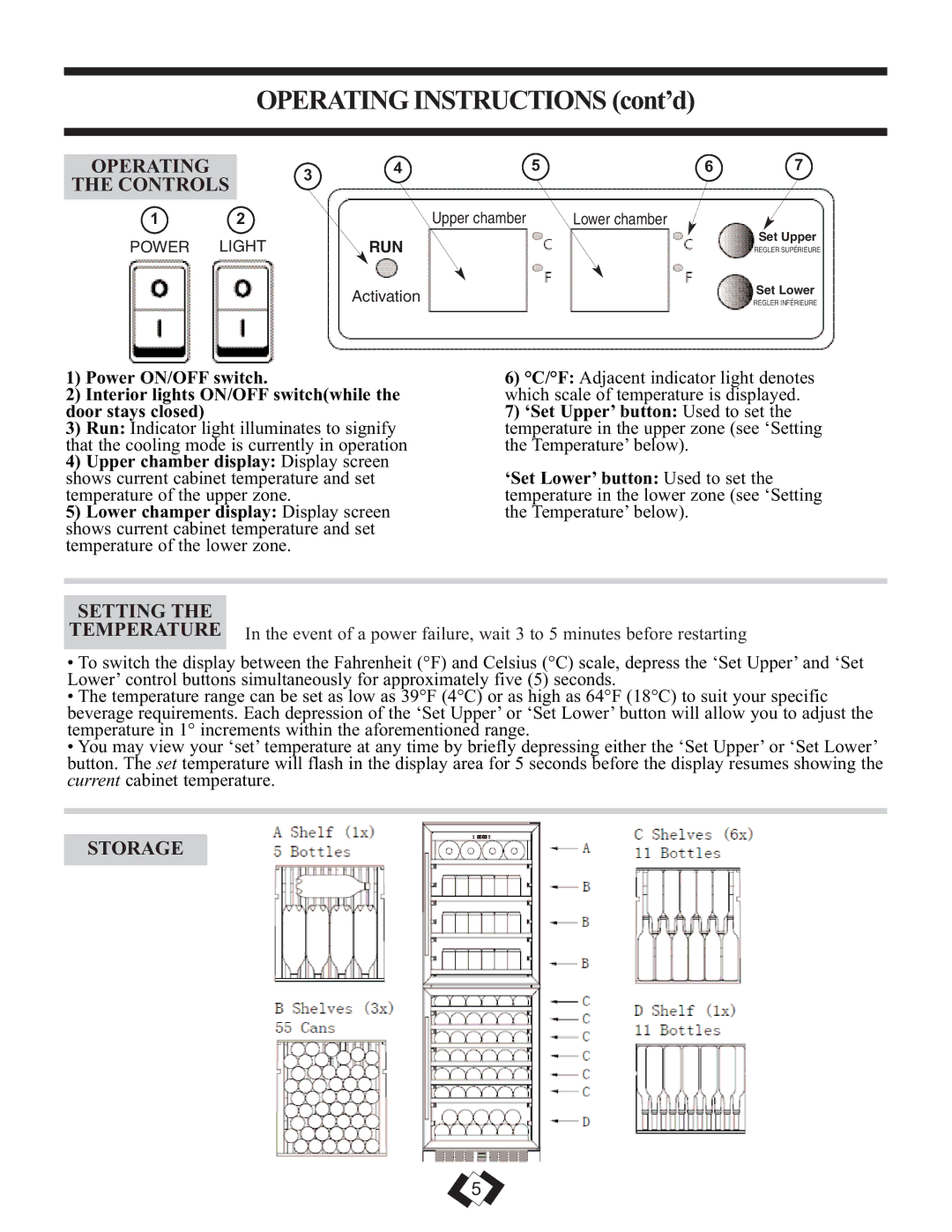 Danby DWBC14BLS operating instructions Operating Controls, Setting, Storage 