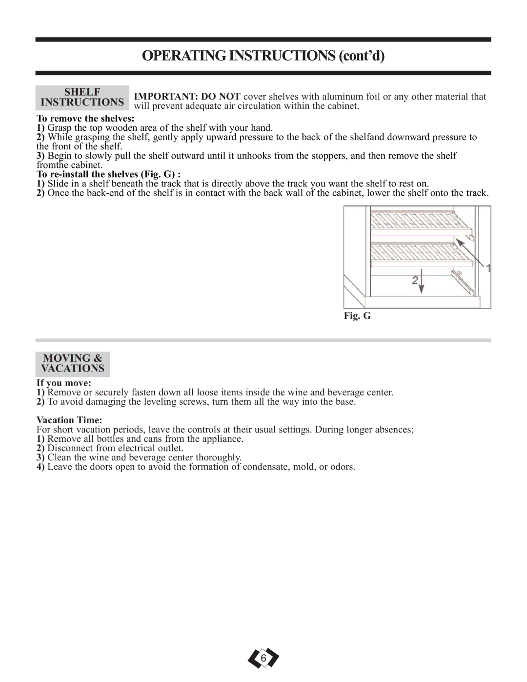 Danby DWBC14BLS operating instructions Shelf, Instructions, Moving Vacations 