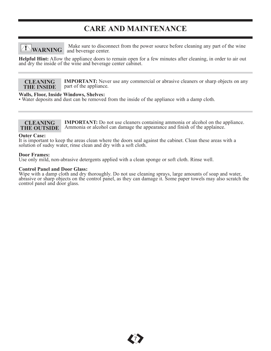 Danby DWBC14BLS operating instructions Care and Maintenance, Cleaning, Inside, Outside 