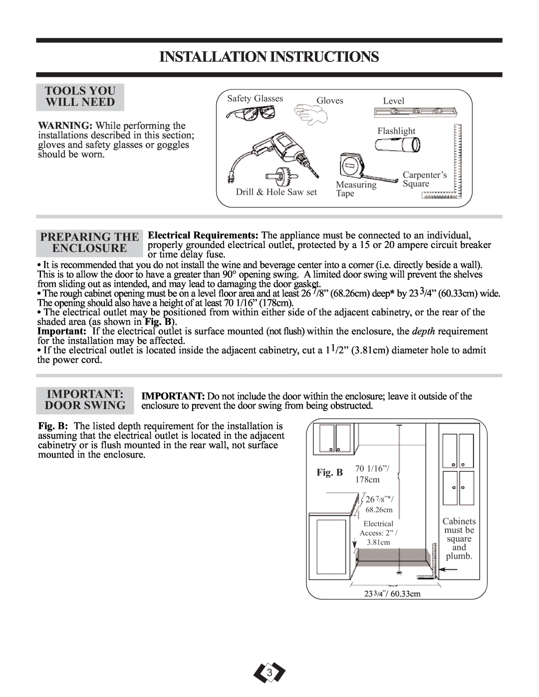 Danby DWBC14BLS Installation Instructions, Tools You Will Need, Preparing The, Enclosure, Door Swing, Fig. B 