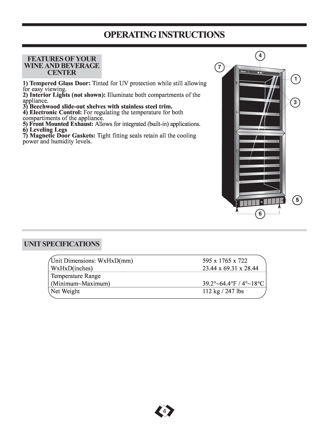 Danby DWBC14BLS Operating Instructions, Unit Specifications, Features Of Your, Wine And Beverage, Center, Leveling Legs 