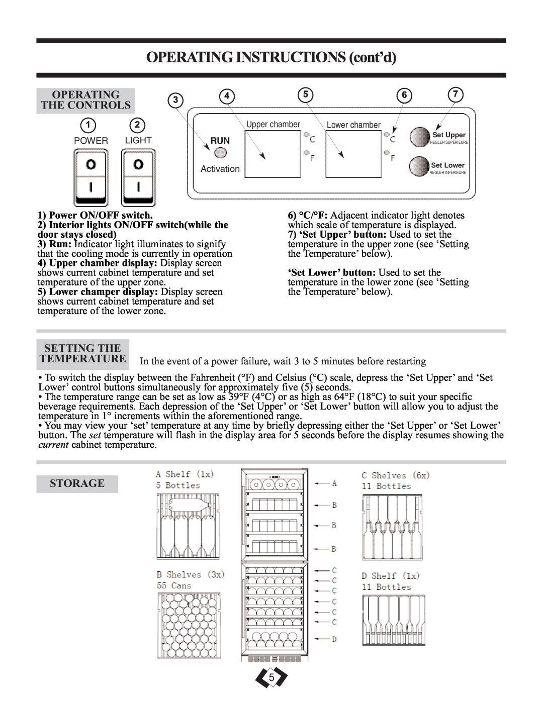 Danby DWBC14BLS OPERATINGINSTRUCTIONS cont’d, Operating, The Controls, Setting The, Storage, Power ON/OFF switch 