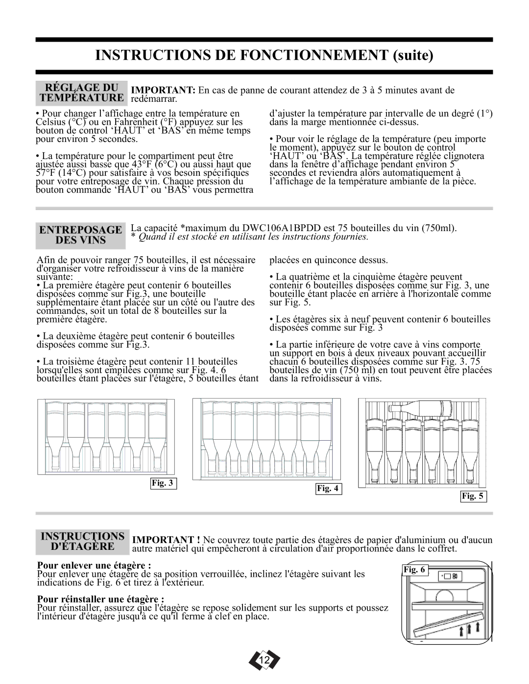 Danby DWC106A1BPDD manual Réglage DU, Température, Entreposage, DES Vins, Détagère 