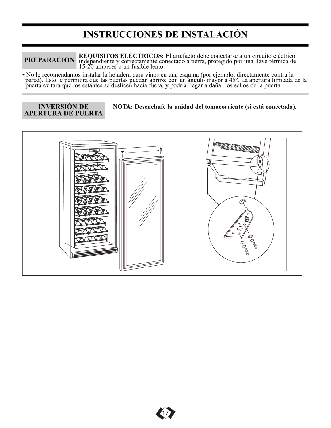 Danby DWC106A1BPDD manual Instrucciones DE Instalación, Inversión DE, Apertura DE Puerta 