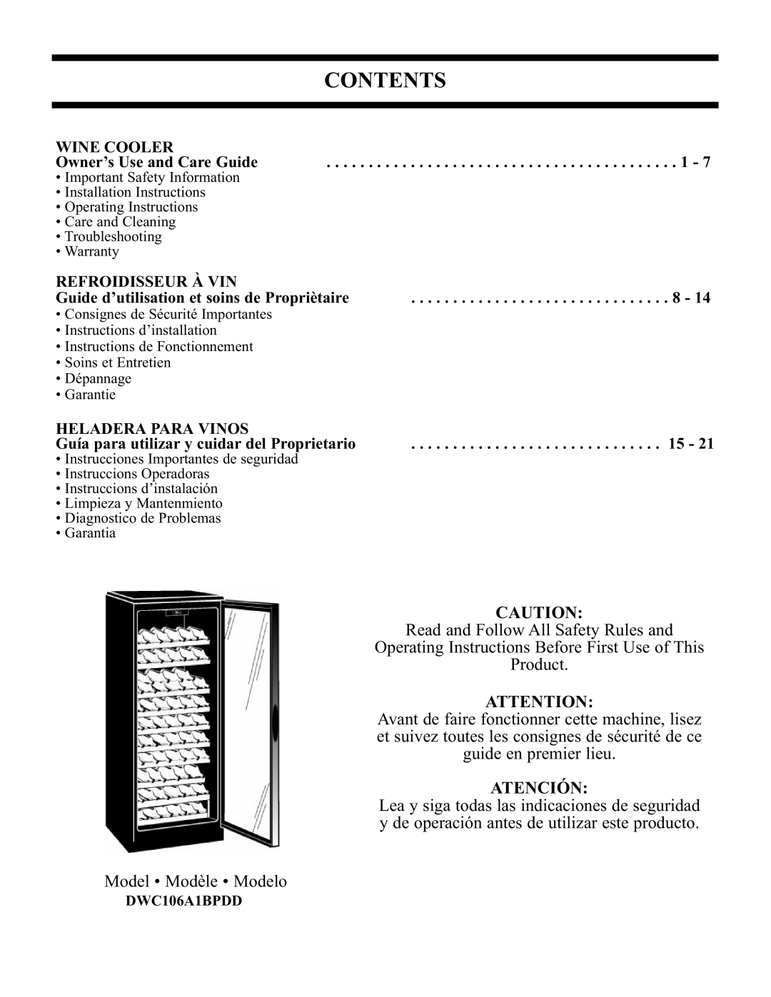 Danby DWC106A1BPDD manual Contents 