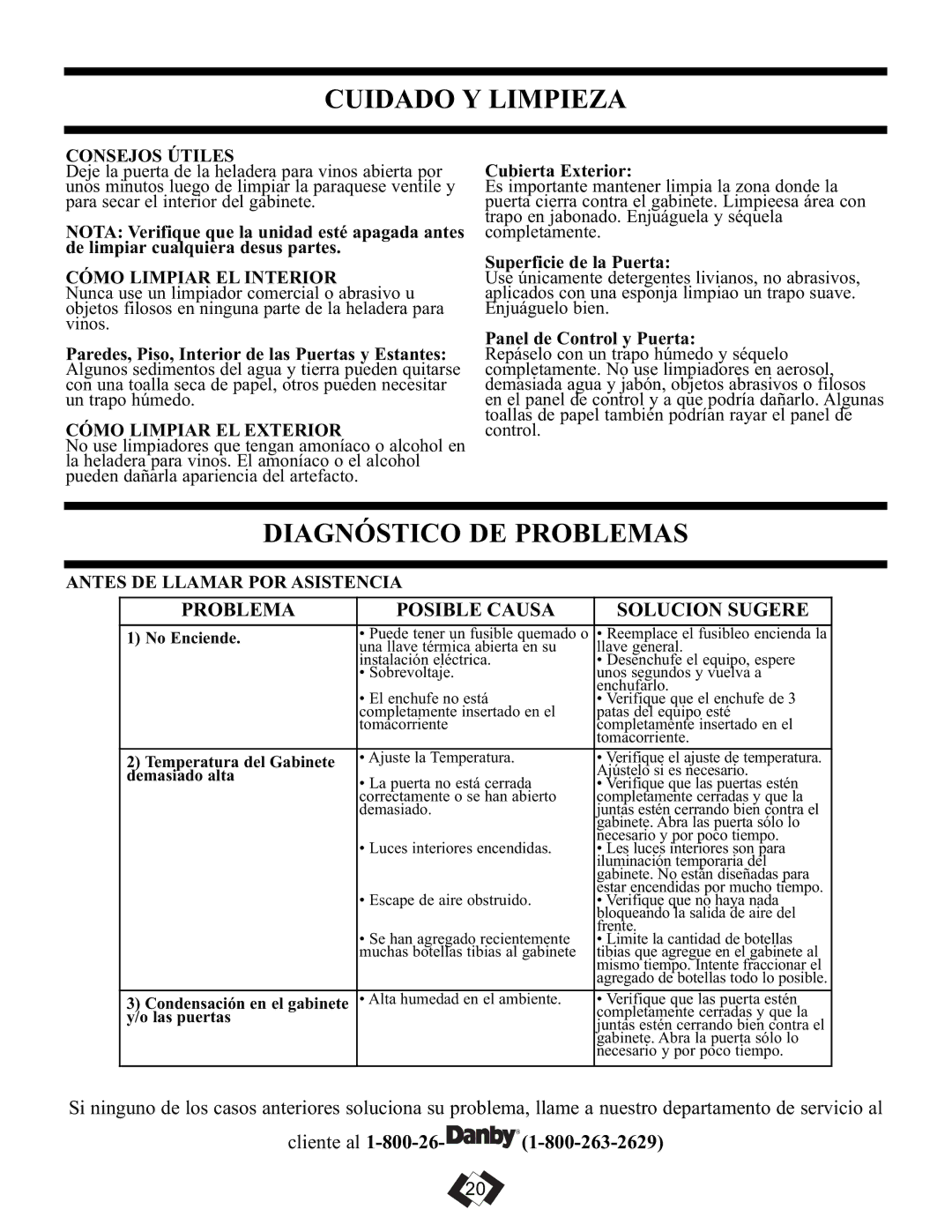 Danby DWC106A1BPDD manual Cuidado Y Limpieza, Diagnóstico DE Problemas, Problema Posible Causa Solucion Sugere 