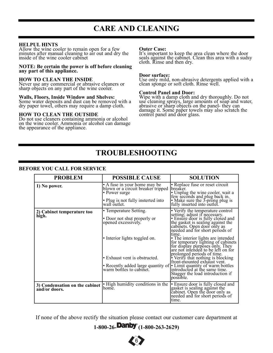 Danby DWC106A1BPDD manual Care and Cleaning, Troubleshooting, Problem Possible Cause Solution, 800-26 