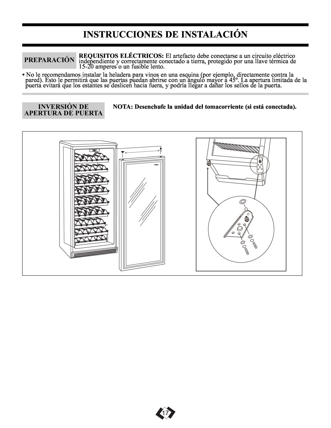 Danby DWC106A1BPDD manual Instrucciones De Instalación, Inversión De, Apertura De Puerta 