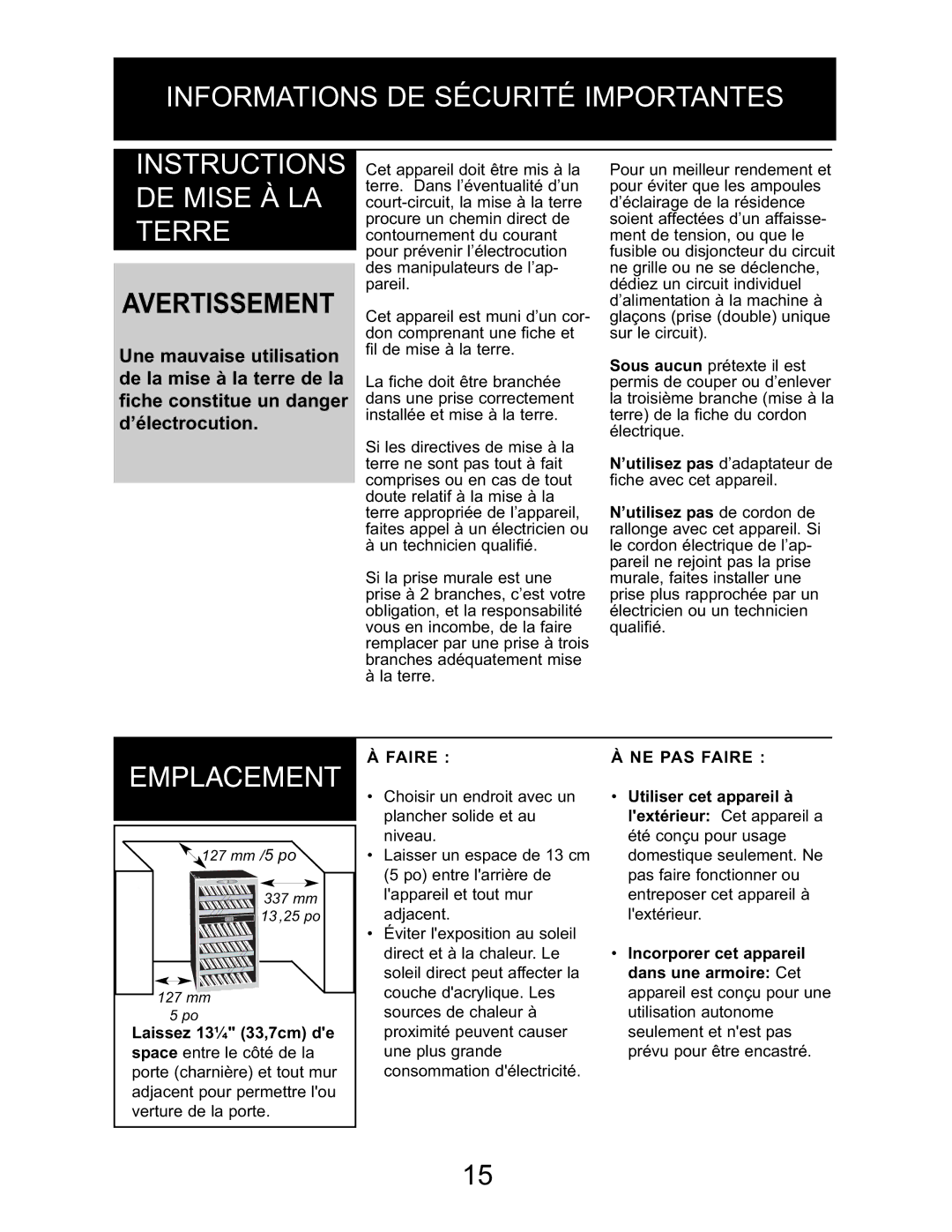 Danby DWC114BLSDD owner manual Avertissement 