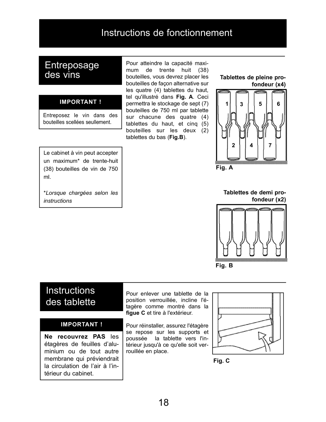 Danby DWC114BLSDD owner manual Instructions de fonctionnement Entreposage des vins, Instructions des tablette 