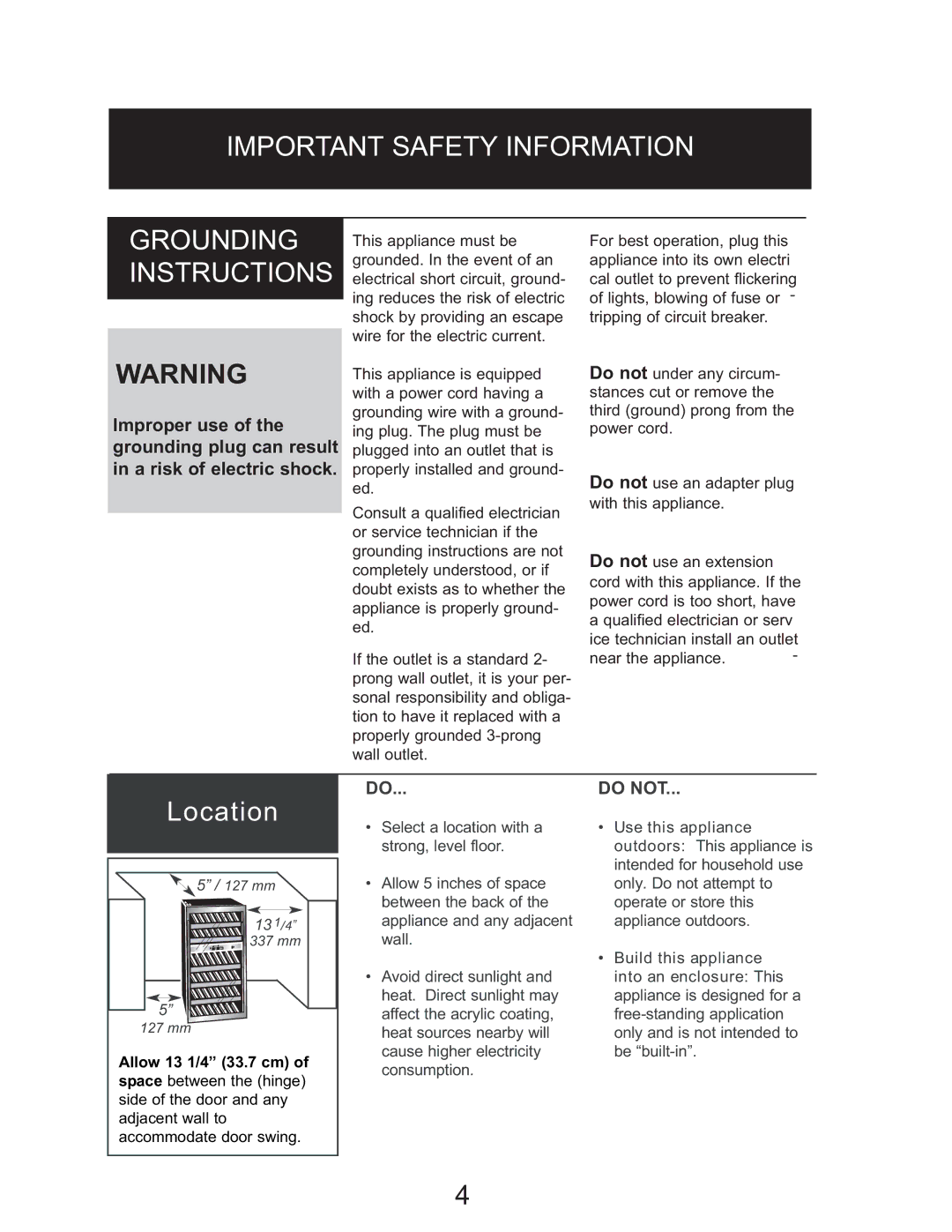 Danby DWC114BLSDD owner manual Important Safety Information Grounding Instructions, Location 