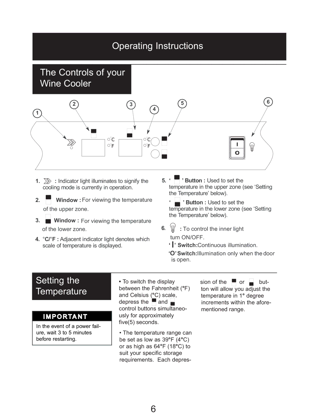 Danby DWC114BLSDD owner manual Operating Instructions Controls of your Wine Cooler, Setting the Temperature 