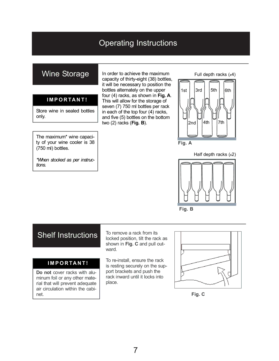 Danby DWC114BLSDD owner manual Operating Instructions Wine Storage, Shelf Instructions 