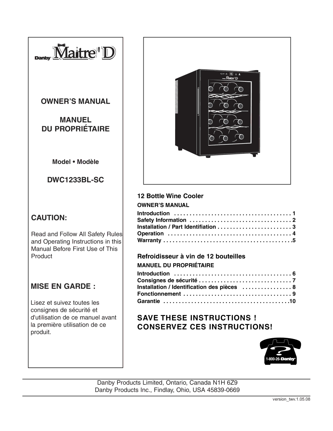 Danby DWC1233BL-SC owner manual Manuel DU Propriétaire 