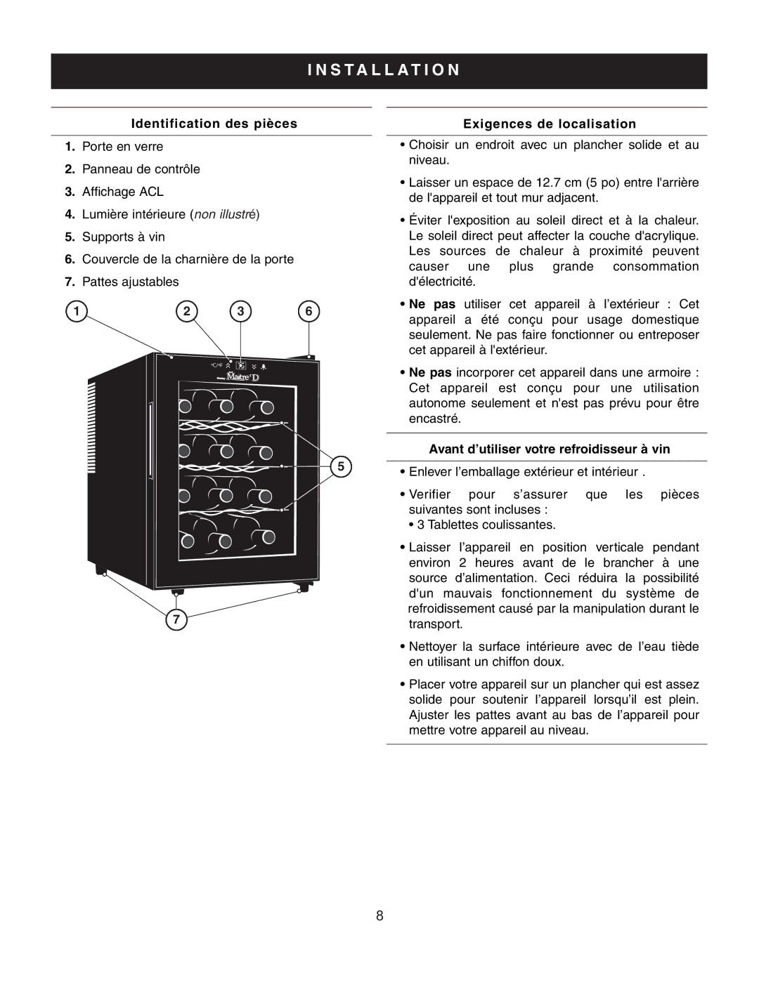 Danby DWC1233BL-SC Identification des pièces, Exigences de localisation, Avant d’utiliser votre refroidisseur à vin 