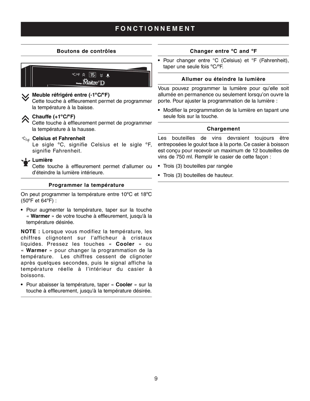 Danby DWC1233BL-SC owner manual N C T I O N N E M E N T 