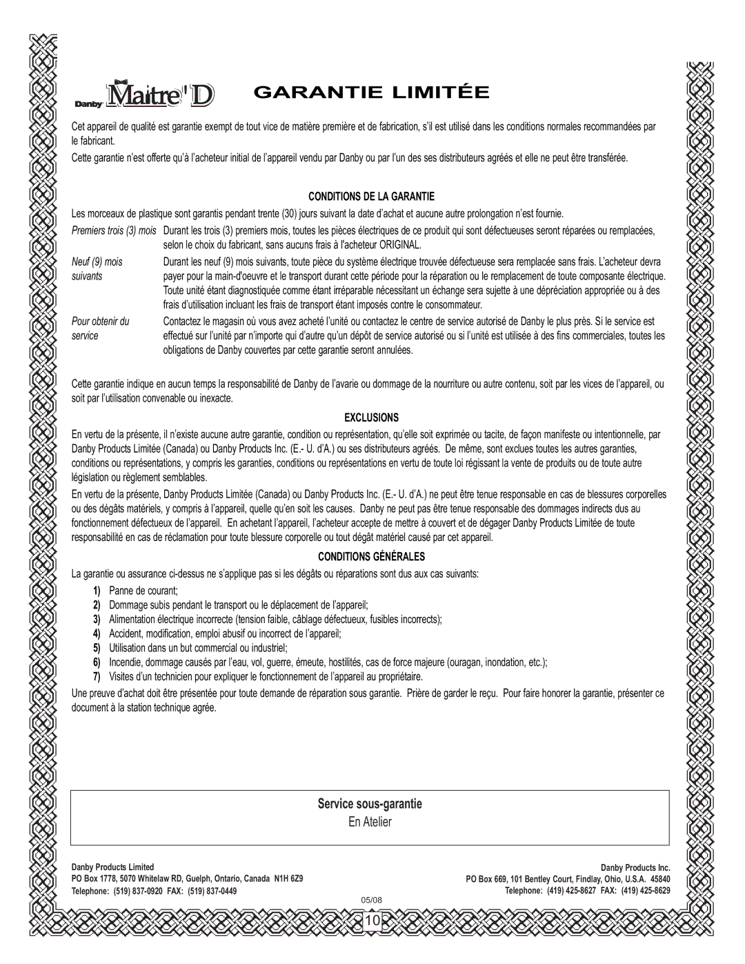 Danby DWC1233BL-SC owner manual Garantie Limitée 