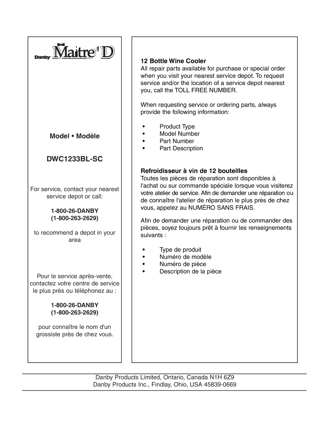 Danby DWC1233BL-SC owner manual Model Modèle 