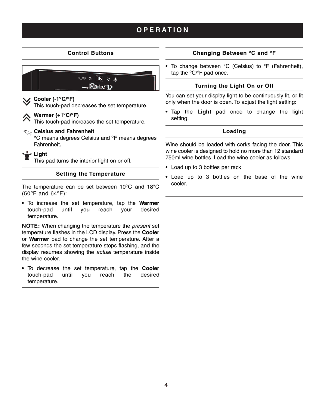 Danby DWC1233BL-SC owner manual E R a T I O N 