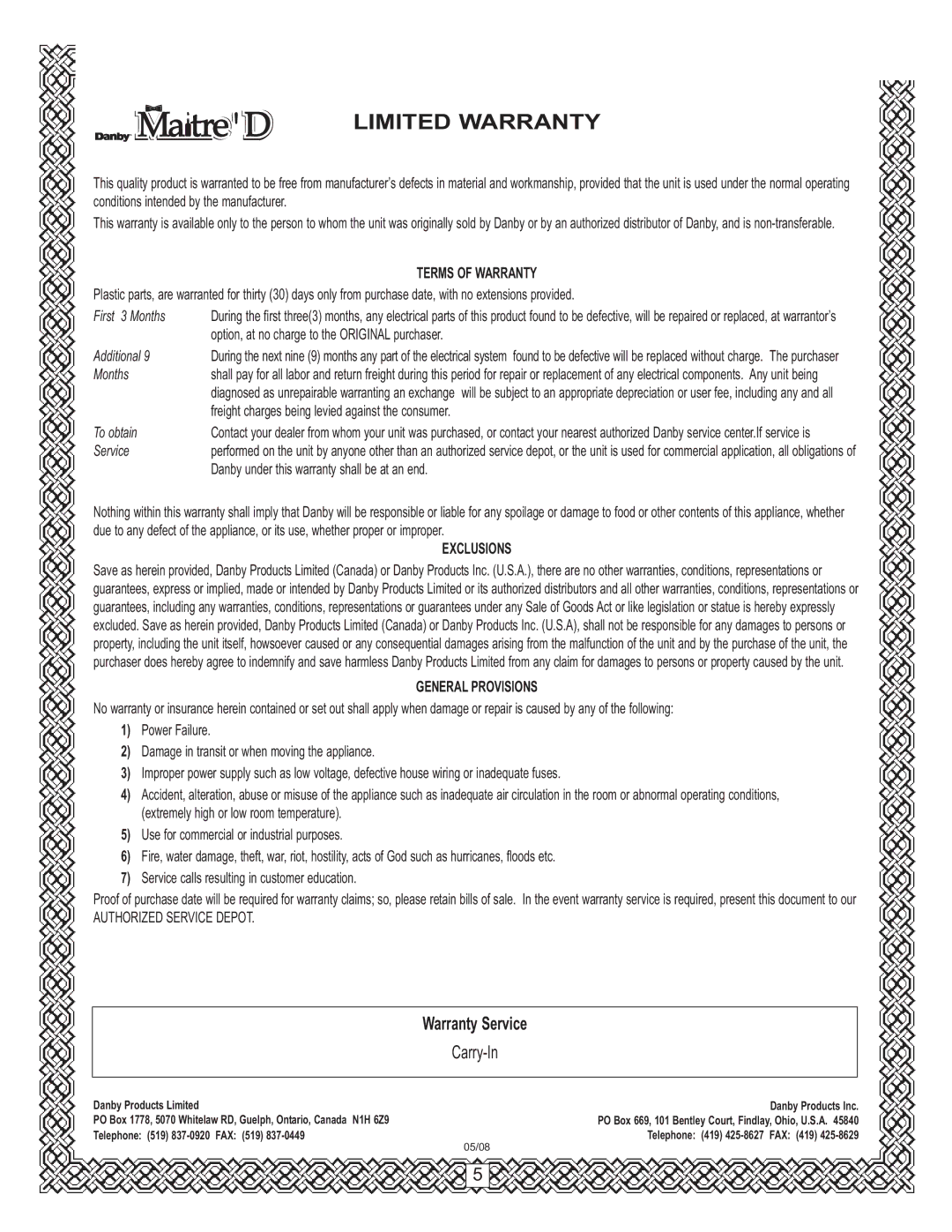 Danby DWC1233BL-SC owner manual Limited Warranty 