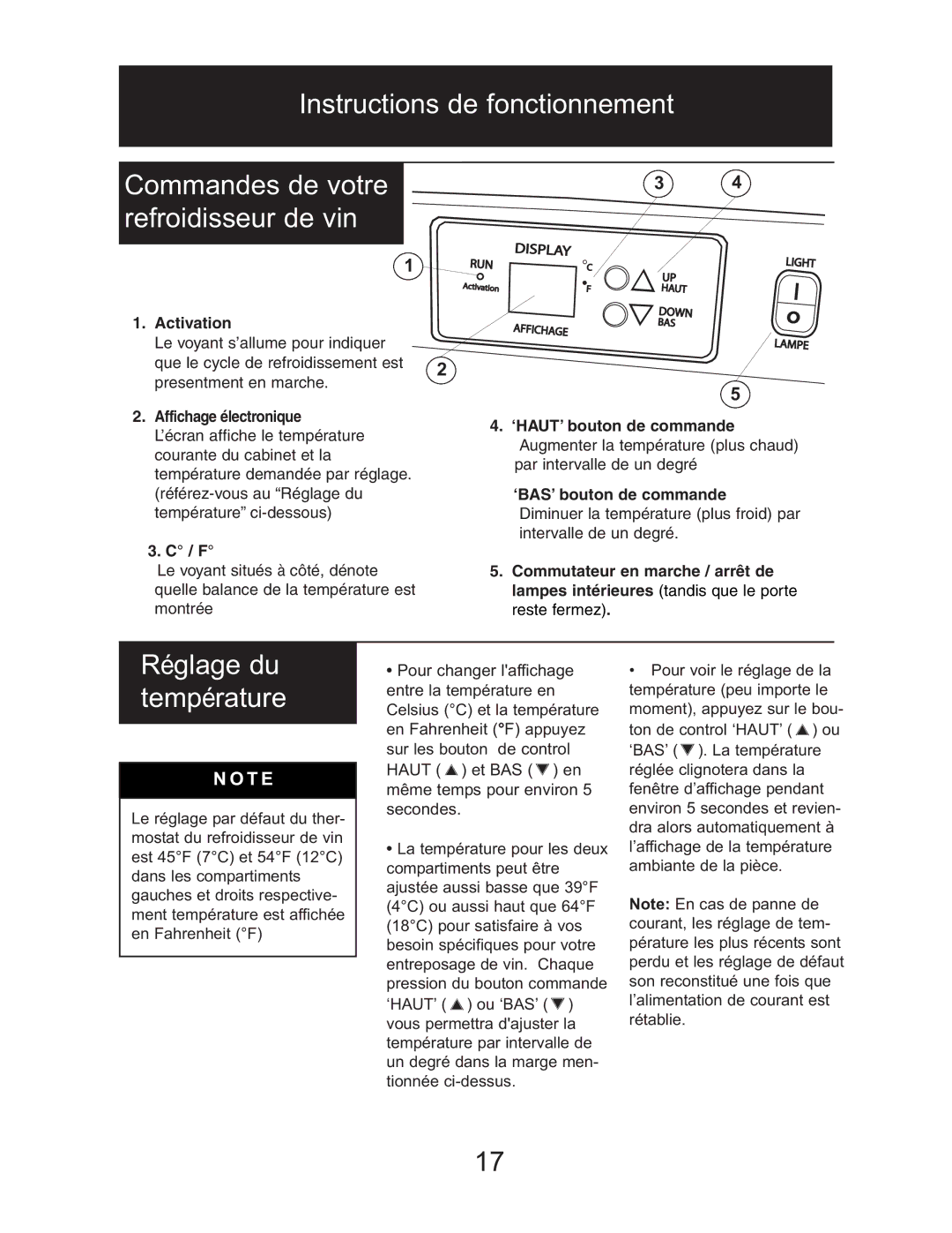 Danby DWC1534BLS owner manual Réglage du température, Activation, Affichage électronique, ‘BAS’ bouton de commande 