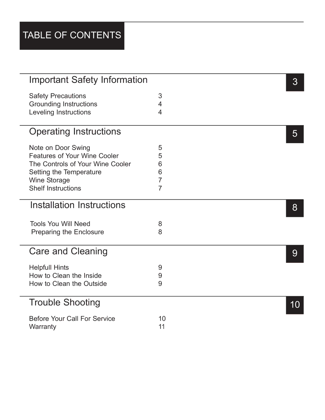 Danby DWC1534BLS owner manual Table of Contents 