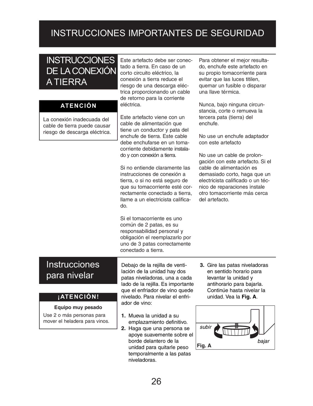 Danby DWC1534BLS owner manual Instrucciones para nivelar, ¡Atención 